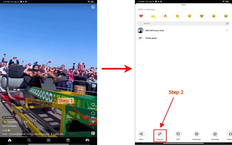 copy instagram url on android